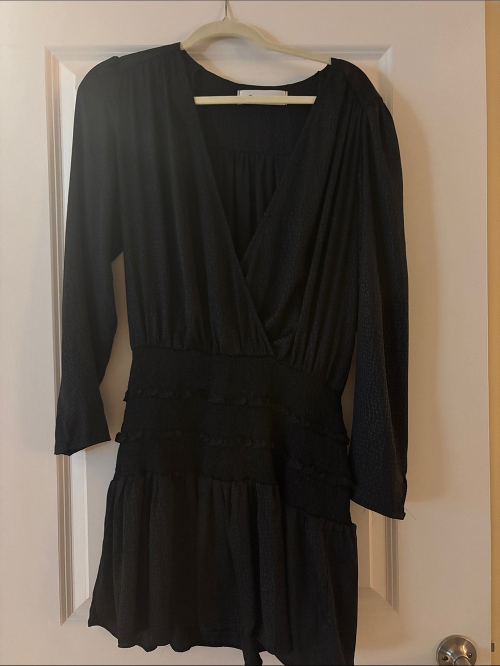 The Impeccable Pig Black Long-Sleeve Surplice Tiered Dress